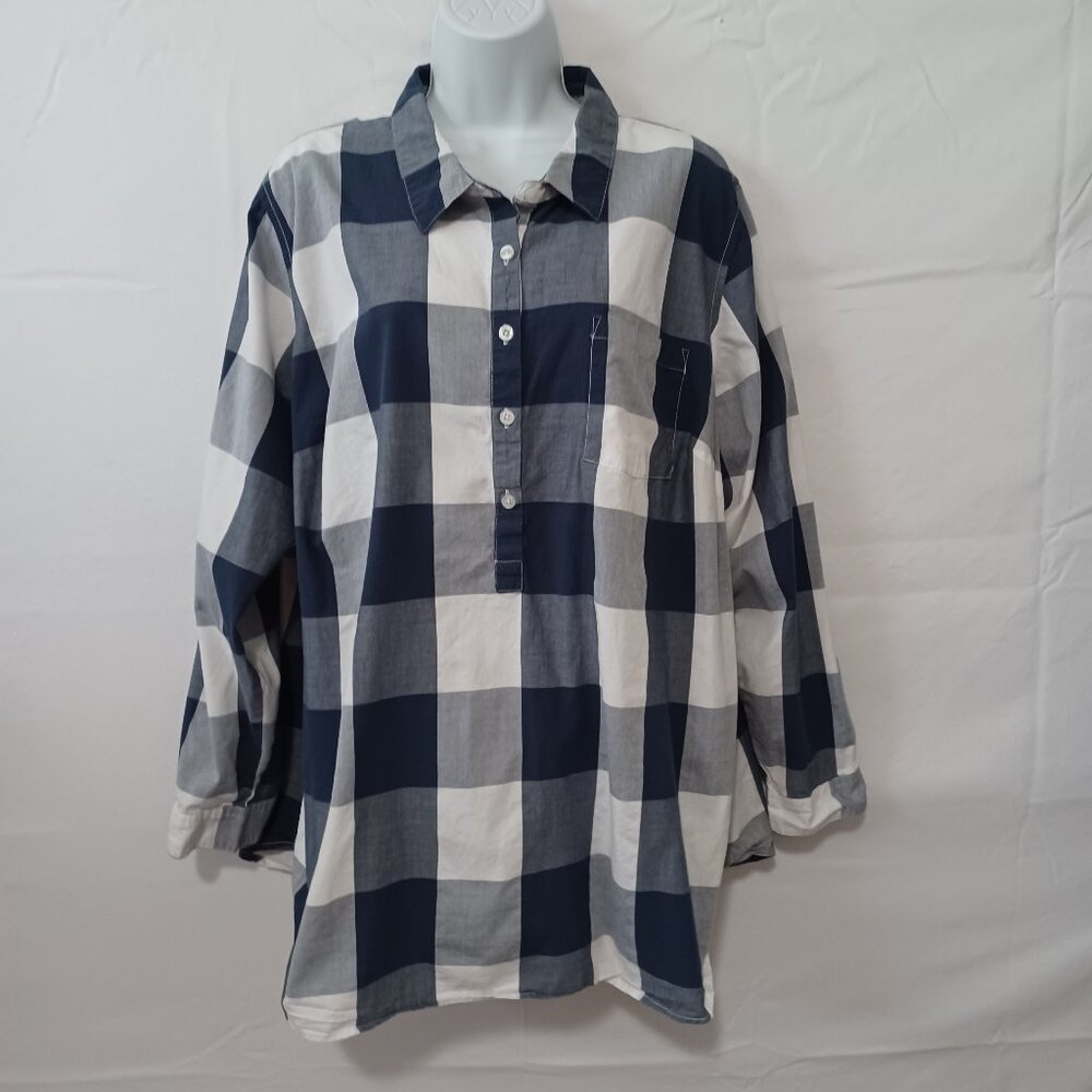 Women Within top blue white buffalo check long sleeve sz 1X